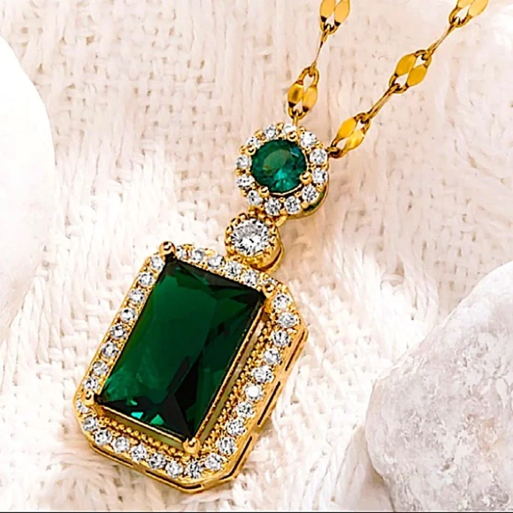 Emerald Gold Plated Zircon Charm Pendant Necklace Matching Earrings Set